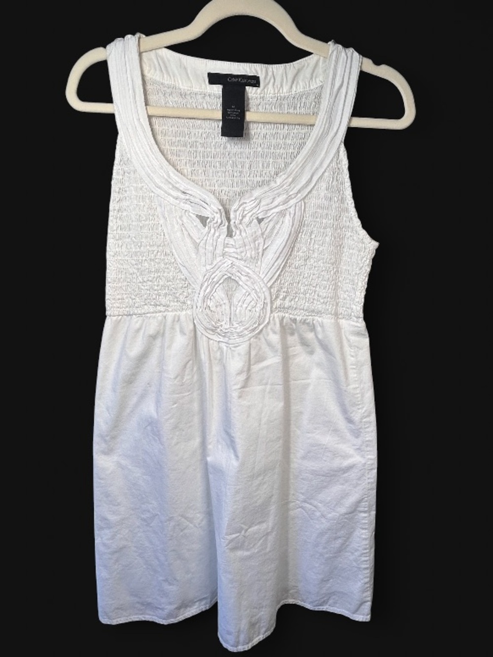 Calvin Klein White Cotton Smocked Sundress, empire waist, ribbon detailing, M